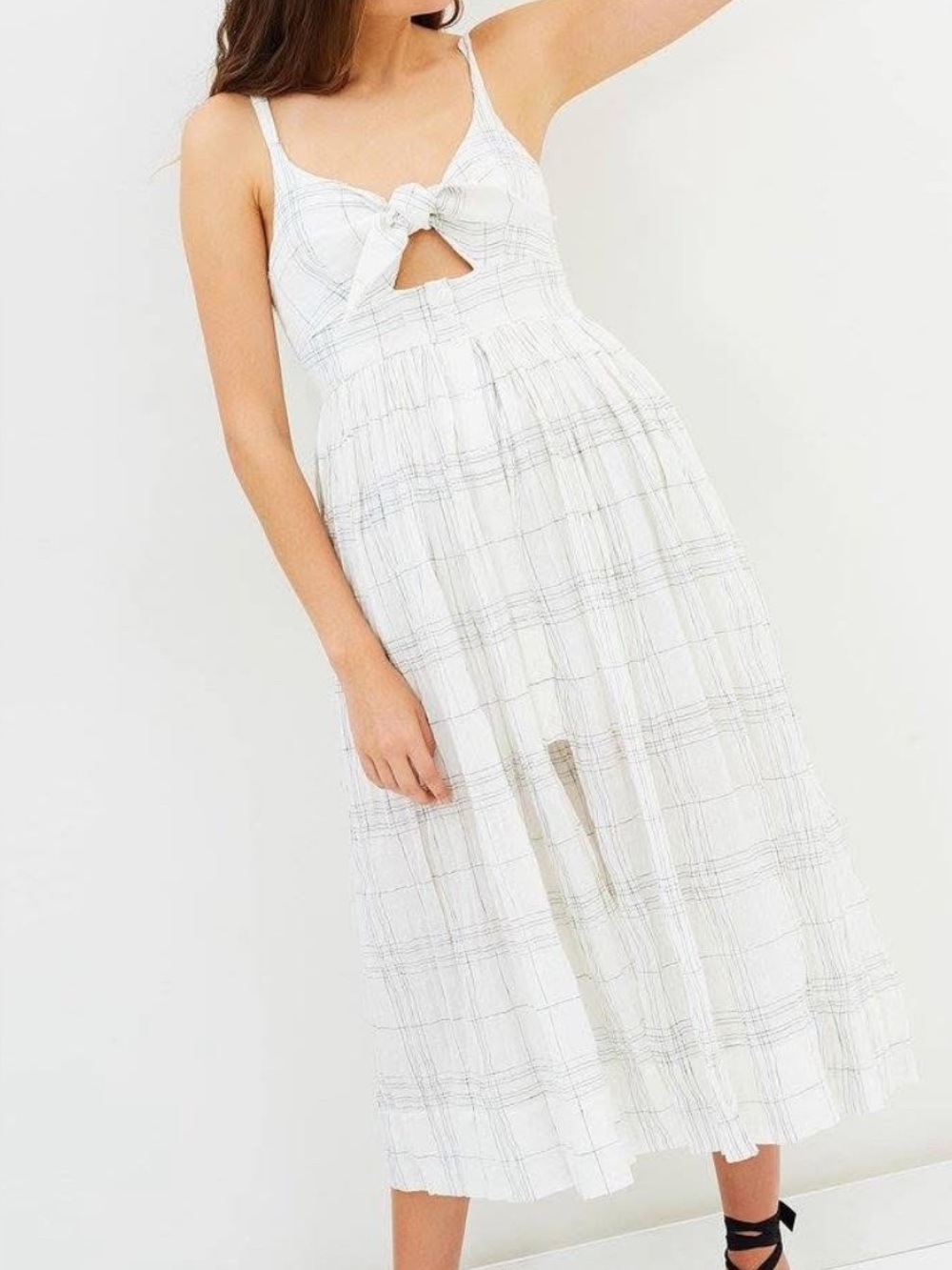 Shona Joy Cotton Linen White Plaid Tie Front Button Midi Dress Boho Coastal 6